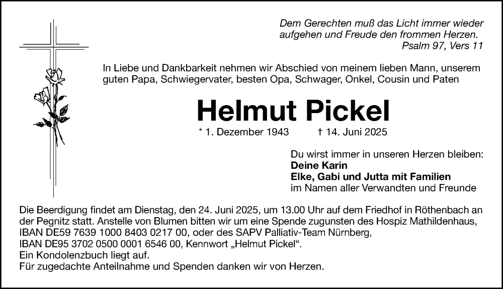  Traueranzeige für Helmut Pickel vom 21.06.2025 aus Gesamtausgabe Nürnberger Nachrichten/ Nürnberger Ztg.