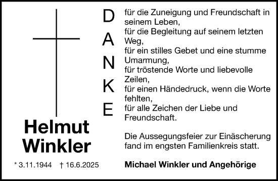 Traueranzeige von Helmut Winkler von Gesamtausgabe Nürnberger Nachrichten/ Nürnberger Ztg.