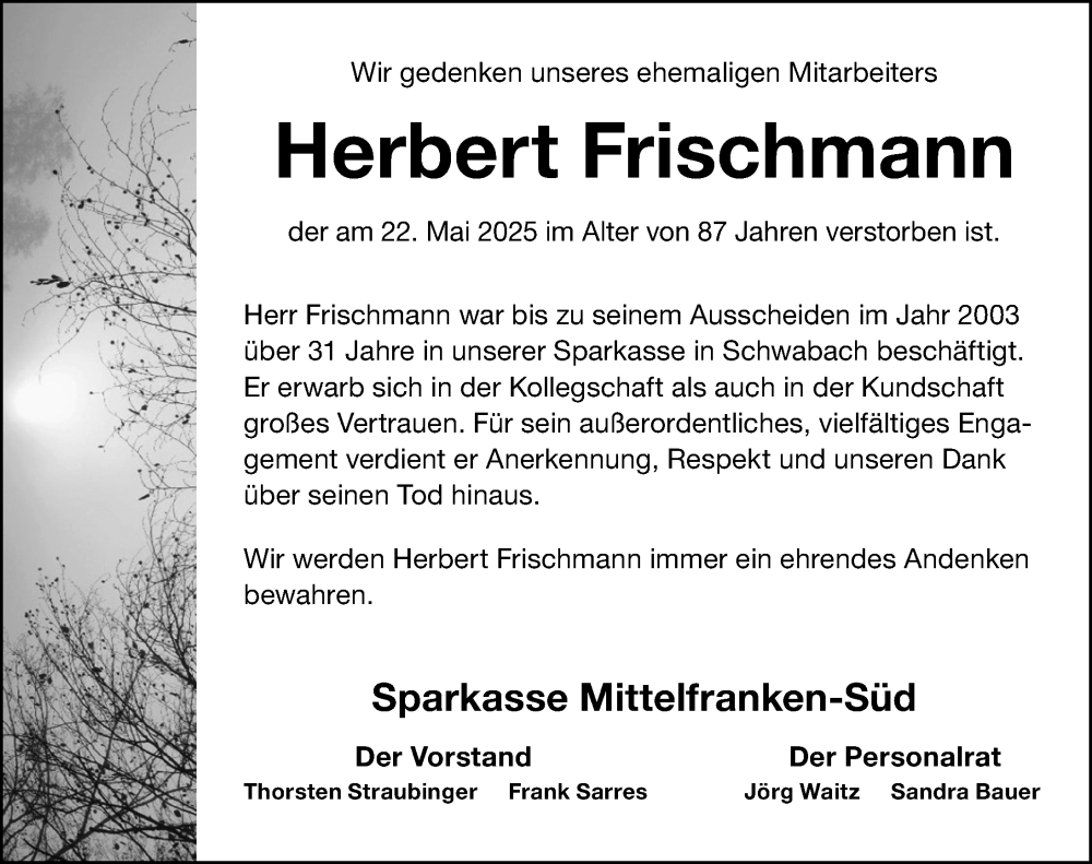  Traueranzeige für Herbert Frischmann vom 14.06.2025 aus Schwabacher Tagblatt Lokal