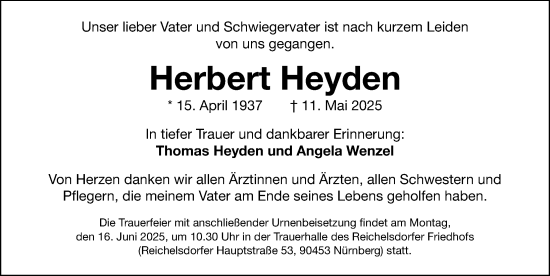Traueranzeige von Herbert Heyden von Gesamtausgabe Nürnberger Nachrichten/ Nürnberger Ztg.