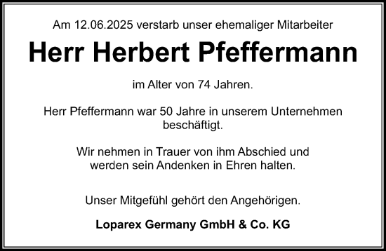 Traueranzeige von Herbert Pfeffermann von Nordbayerische Nachrichten Forchheim Lokal