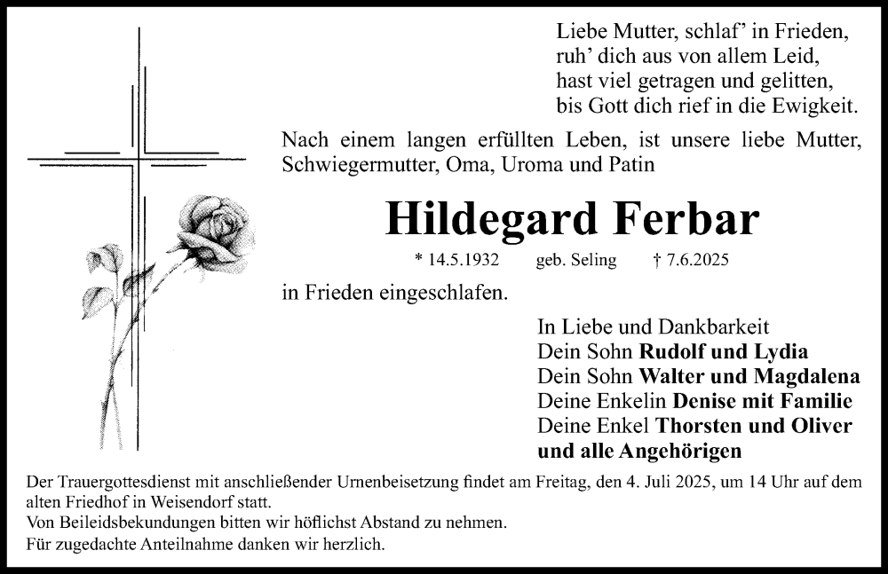  Traueranzeige für Hildegard Ferbar vom 28.06.2025 aus Nordbayerische Nachrichten Herzogenaurach Lokal