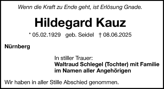 Traueranzeige von Hildegard Kauz von Gesamtausgabe Nürnberger Nachrichten/ Nürnberger Ztg.
