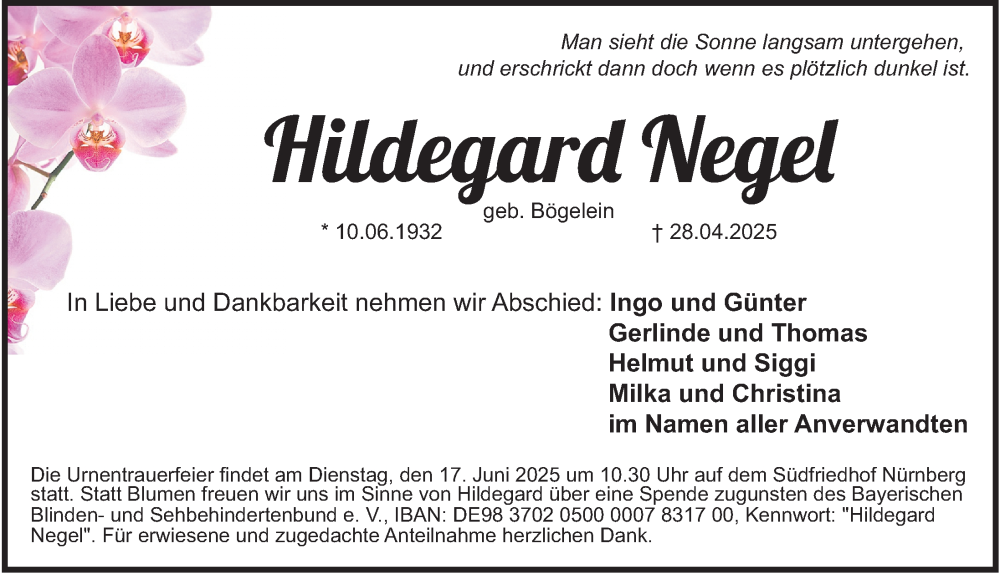  Traueranzeige für Hildegard Negel vom 14.06.2025 aus Gesamtausgabe Nürnberger Nachrichten/ Nürnberger Ztg.