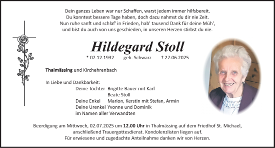 Traueranzeige von Hildegard Stoll von Roth-Hilpoltsteiner Volkszeitung Lokal