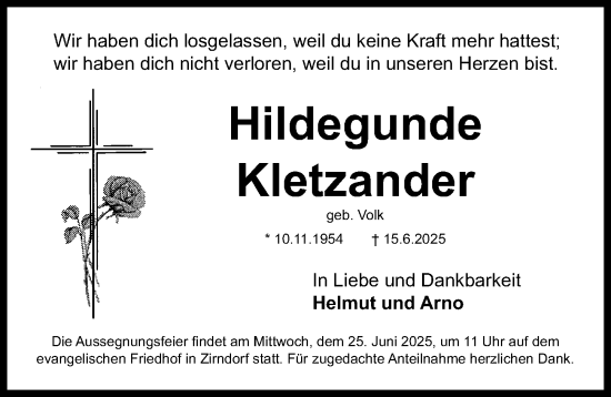 Traueranzeige von Hildegunde Kletzander von Fürther Nachrichten Lokal