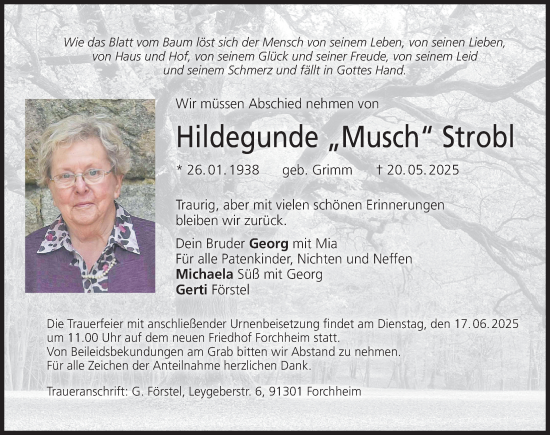 Traueranzeige von Hildegunde Strobl von Nordbayerische Nachrichten Forchheim Lokal