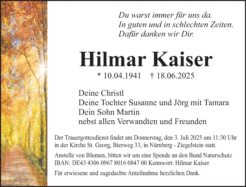  Traueranzeige für Hilmar Kaiser vom 28.06.2025 aus Gesamtausgabe Nürnberger Nachrichten/ Nürnberger Ztg.