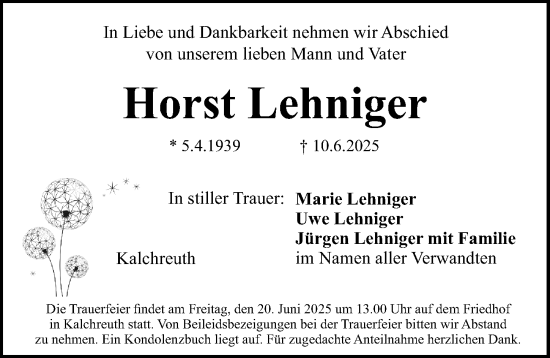 Traueranzeige von Horst Lehniger von Gesamtausgabe Nürnberger Nachrichten/ Nürnberger Ztg.