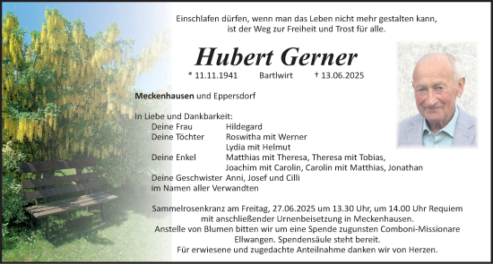 Traueranzeige von Hubert Gerner von Roth-Hilpoltsteiner Volkszeitung Lokal