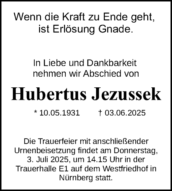 Traueranzeige von Hubertus Jezussek von Gesamtausgabe Nürnberger Nachrichten/ Nürnberger Ztg.