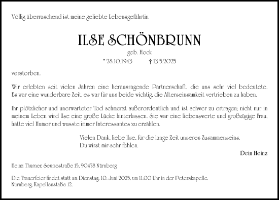Traueranzeige von Ilse Schönbrunn von Gesamtausgabe Nürnberger Nachrichten/ Nürnberger Ztg.