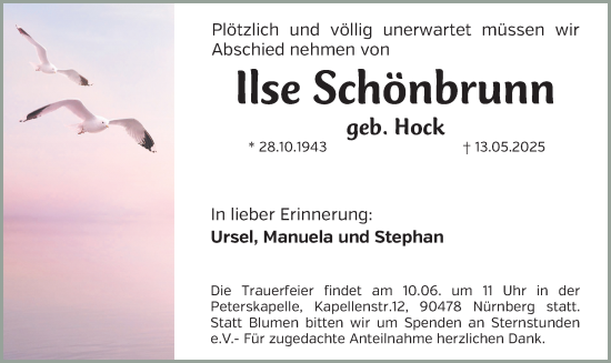 Traueranzeige von Ilse Schönbrunn von Gesamtausgabe Nürnberger Nachrichten/ Nürnberger Ztg.