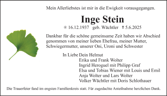 Traueranzeige von Inge Stein von Erlanger Nachrichten Lokal
