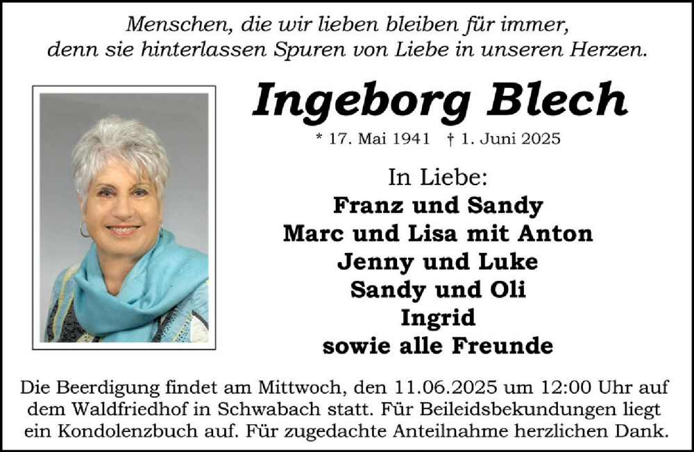  Traueranzeige für Ingeborg Blech vom 07.06.2025 aus Schwabacher Tagblatt Lokal