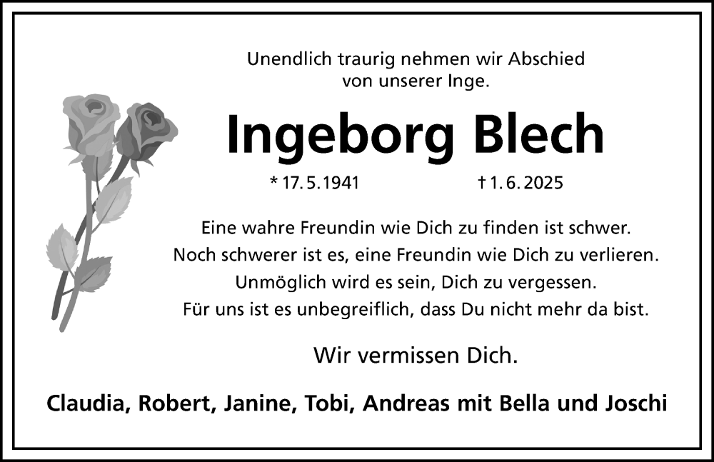  Traueranzeige für Ingeborg Blech vom 07.06.2025 aus Schwabacher Tagblatt Lokal