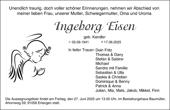 Traueranzeige von Ingeborg Eisen von Erlanger Nachrichten Lokal