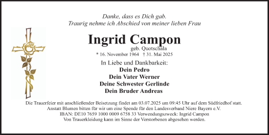 Traueranzeige von Ingrid Campon von Gesamtausgabe Nürnberger Nachrichten/ Nürnberger Ztg.