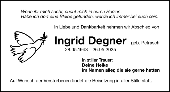 Traueranzeige von Ingrid Degner von Gesamtausgabe Nürnberger Nachrichten/ Nürnberger Ztg.