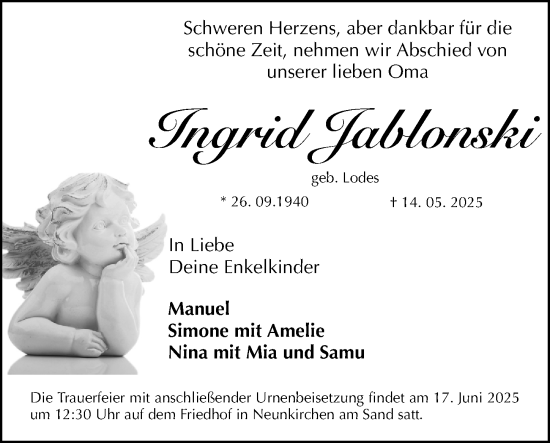 Traueranzeige von Ingrid Jablonski von Roth-Hilpoltsteiner Volkszeitung Lokal