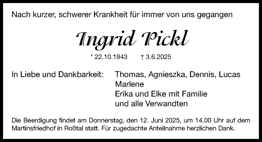  Traueranzeige für Ingrid Pickl vom 07.06.2025 aus Fürther Nachrichten Lokal