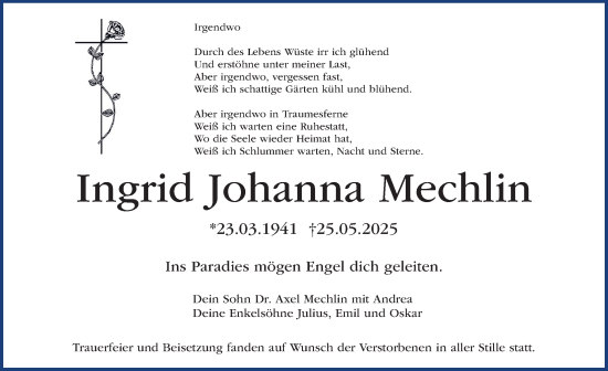 Traueranzeige von Ingrid Johanna Mechlin von Nordbayerische Nachrichten Pegnitz Lokal