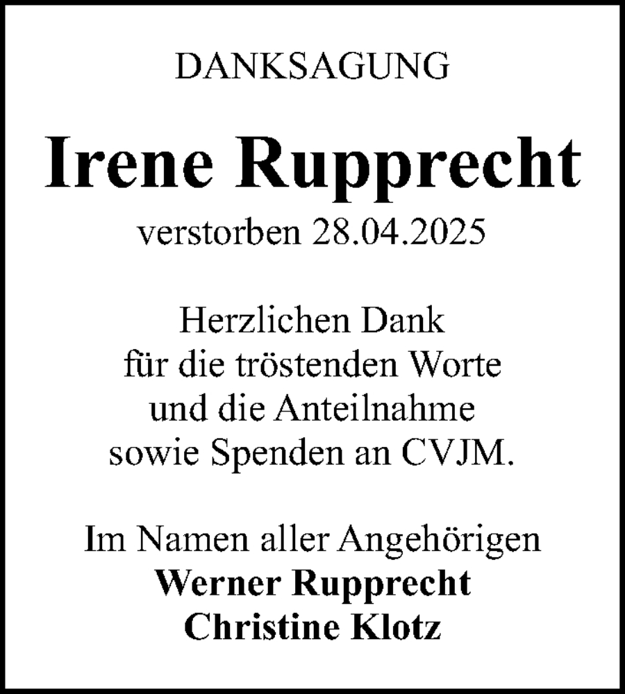  Traueranzeige für Irene Rupprecht vom 28.06.2025 aus Gesamtausgabe Nürnberger Nachrichten/ Nürnberger Ztg.