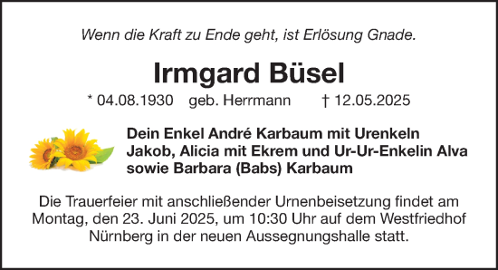 Traueranzeige von Irmgard Büsel von Gesamtausgabe Nürnberger Nachrichten/ Nürnberger Ztg.