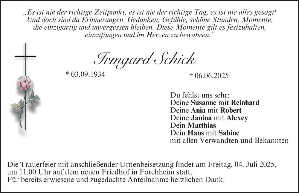  Traueranzeige für Irmgard Schick vom 28.06.2025 aus Nordbayerische Nachrichten Forchheim Lokal
