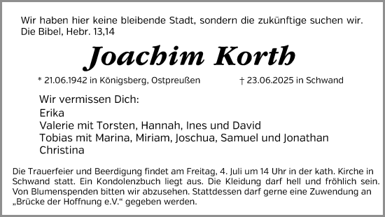Traueranzeige von Joachim Korth von Schwabacher Tagblatt Lokal