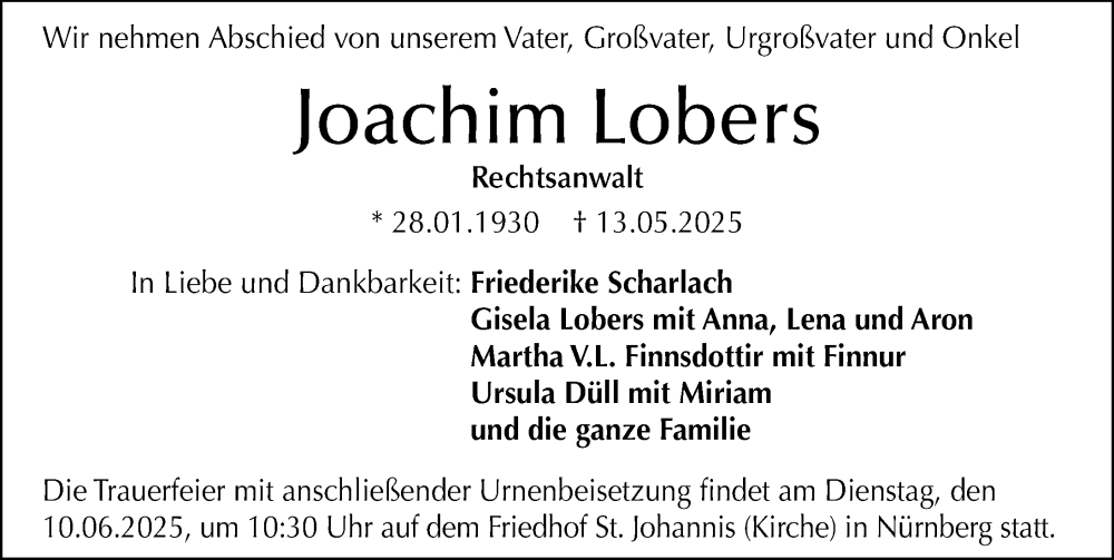  Traueranzeige für Joachim Lobers vom 04.06.2025 aus Gesamtausgabe Nürnberger Nachrichten/ Nürnberger Ztg.