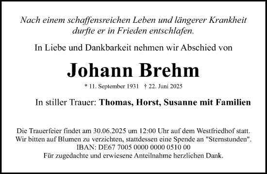Traueranzeige von Johann Brehm von Gesamtausgabe Nürnberger Nachrichten/ Nürnberger Ztg.