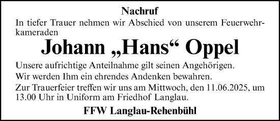 Traueranzeige von Johann Oppel von Altmühl-Bote Lokal