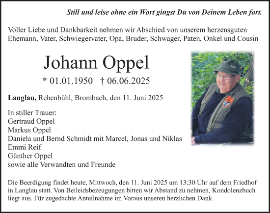 Traueranzeige von Johann Oppel von Altmühl-Bote Lokal