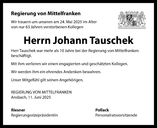 Traueranzeige von Johann Tauschek von Roth-Hilpoltsteiner Volkszeitung Lokal