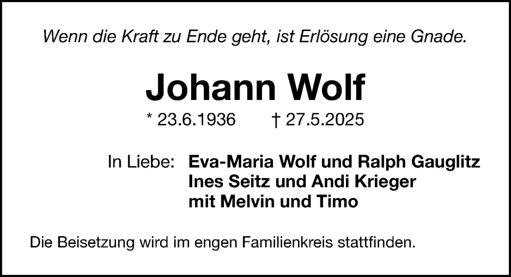  Traueranzeige für Johann Wolf vom 07.06.2025 aus Gesamtausgabe Nürnberger Nachrichten/ Nürnberger Ztg.