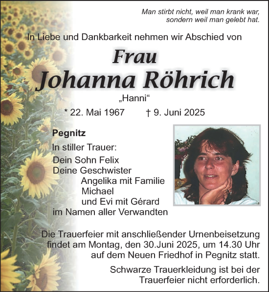 Traueranzeige von Johanna Röhrich von Nordbayerische Nachrichten Pegnitz Lokal