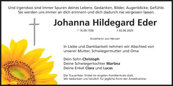 Traueranzeige von Johanna Hildegard Eder von Erlanger Nachrichten Lokal