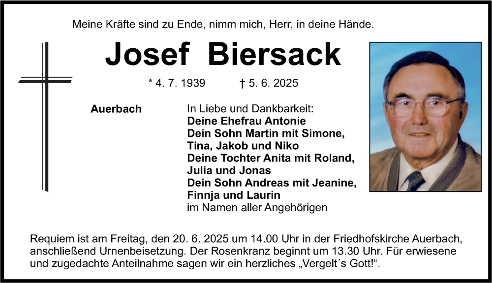  Traueranzeige für Josef Biersack vom 14.06.2025 aus Nordbayerische Nachrichten Pegnitz Lokal