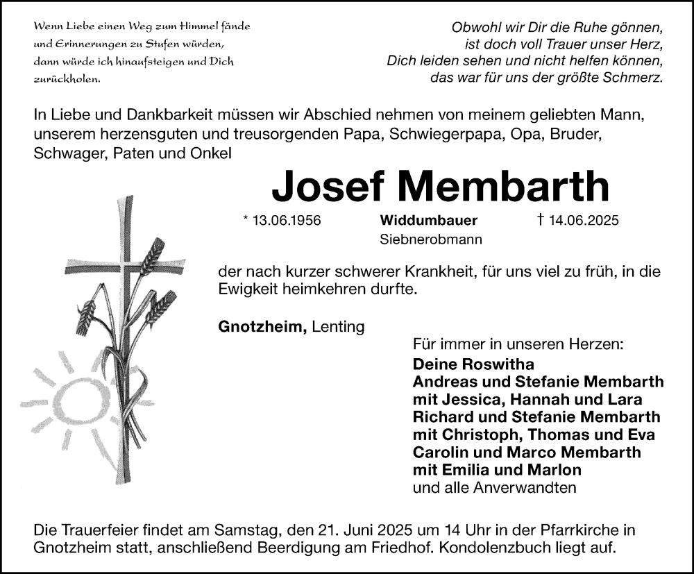  Traueranzeige für Josef Membarth vom 18.06.2025 aus Altmühl-Bote Lokal