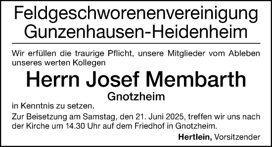 Traueranzeige von Josef Membarth von Altmühl-Bote Lokal