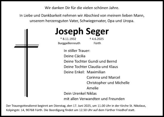 Traueranzeige von Joseph Seger von Fürther Nachrichten Lokal