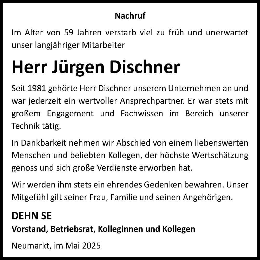  Traueranzeige für Jürgen Dischner vom 02.06.2025 aus Neumarkter Nachrichten Lokal