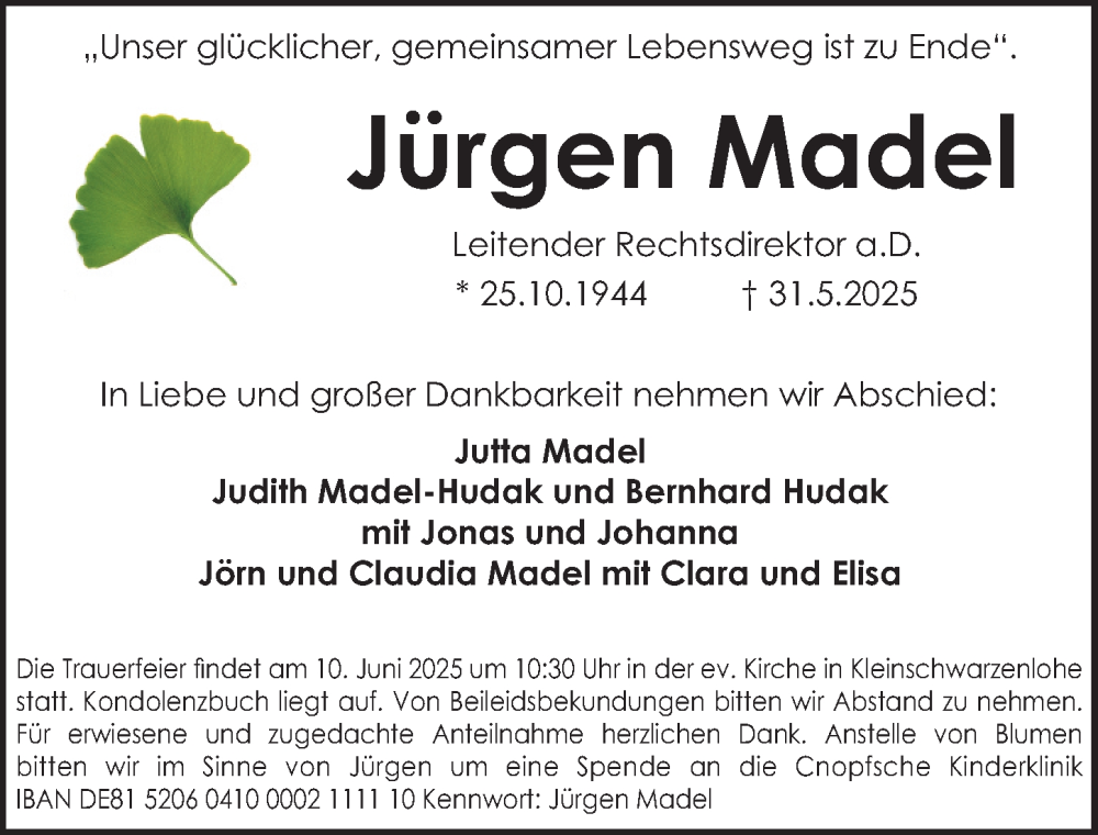  Traueranzeige für Jürgen Madel vom 04.06.2025 aus Gesamtausgabe Nürnberger Nachrichten/ Nürnberger Ztg.