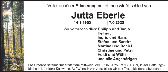 Traueranzeige von Jutta Eberle von Gesamtausgabe Nürnberger Nachrichten/ Nürnberger Ztg.