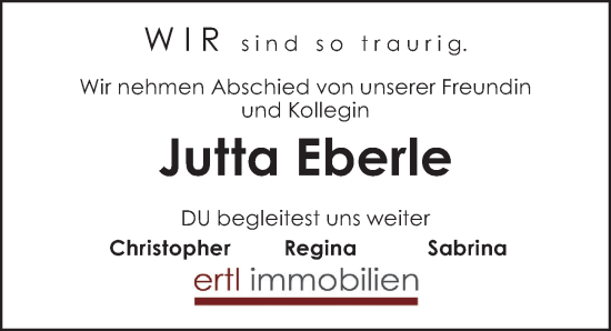 Traueranzeige von Jutta Eberle von Schwabacher Tagblatt Lokal