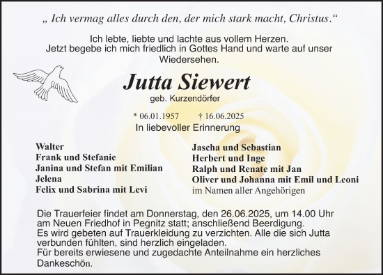 Traueranzeige von Jutta Siewert von Nordbayerische Nachrichten Pegnitz Lokal