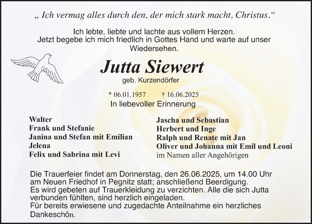  Traueranzeige für Jutta Siewert vom 21.06.2025 aus Nordbayerische Nachrichten Pegnitz Lokal