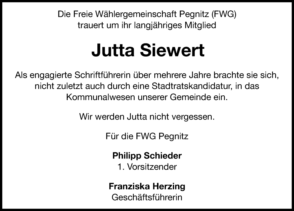  Traueranzeige für Jutta Siewert vom 28.06.2025 aus Nordbayerische Nachrichten Pegnitz Lokal