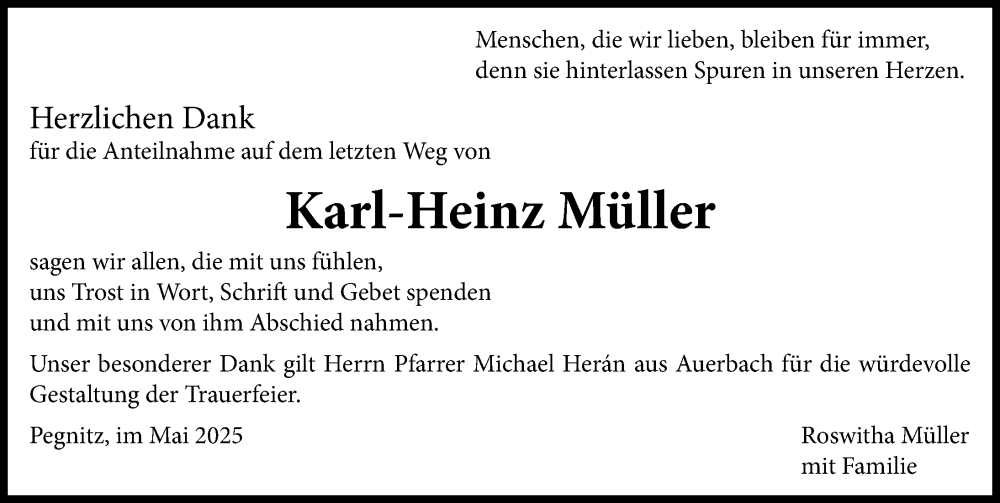  Traueranzeige für Karl-Heinz Müller vom 14.06.2025 aus Nordbayerische Nachrichten Pegnitz Lokal